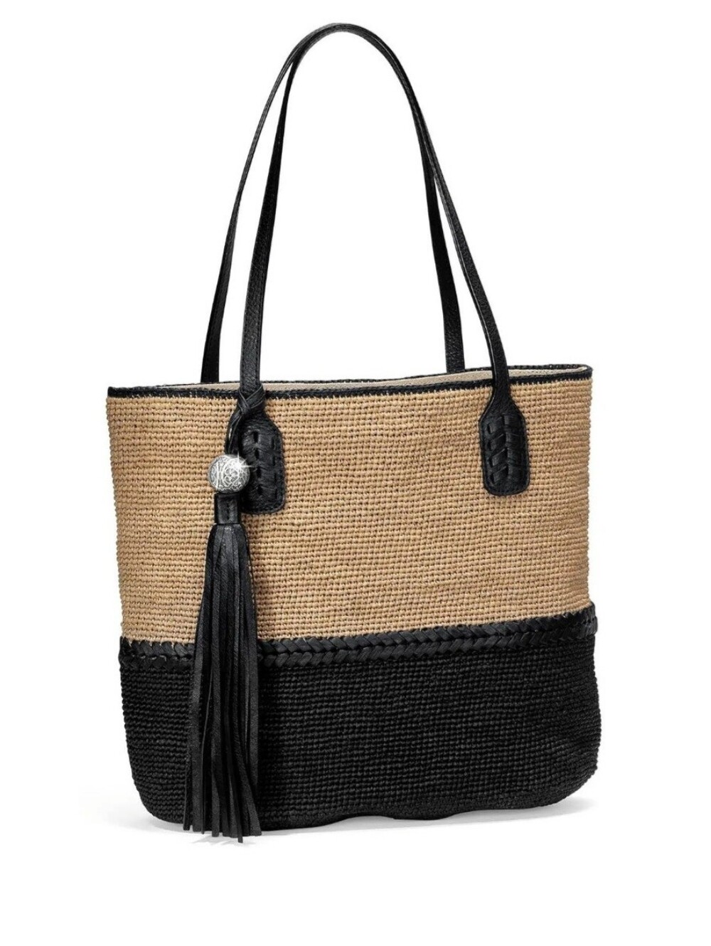 Brighton Raffia Parma Tote New Without Tags Black Natural Flax Colorblock